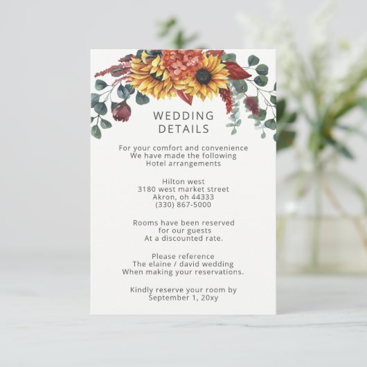 水素朴色バーガンディーサンフラワーズ秋の結婚式 エンクロージャーカード (スタンド正面)