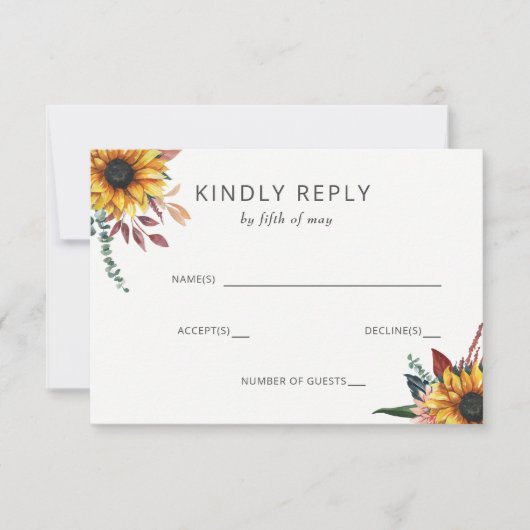 水素朴色バーガンディーサンフラワーズ秋の結婚式 出欠カード (正面)