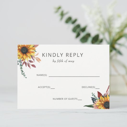 水素朴色バーガンディーサンフラワーズ秋の結婚式 出欠カード (スタンド正面)