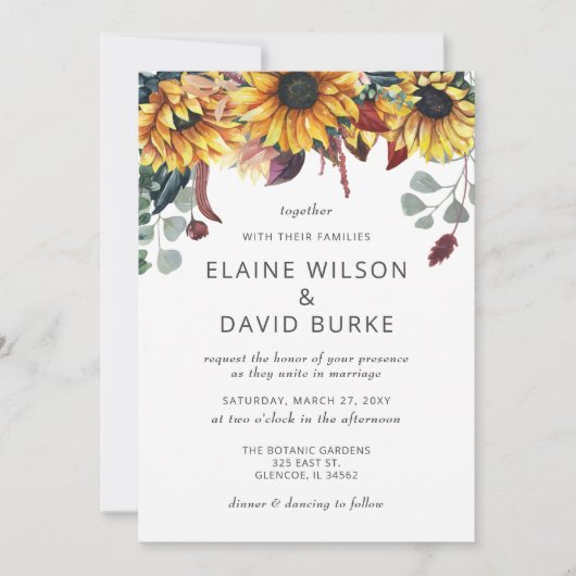 水素朴色バーガンディーサンフラワーズ秋の結婚式 招待状 (正面)