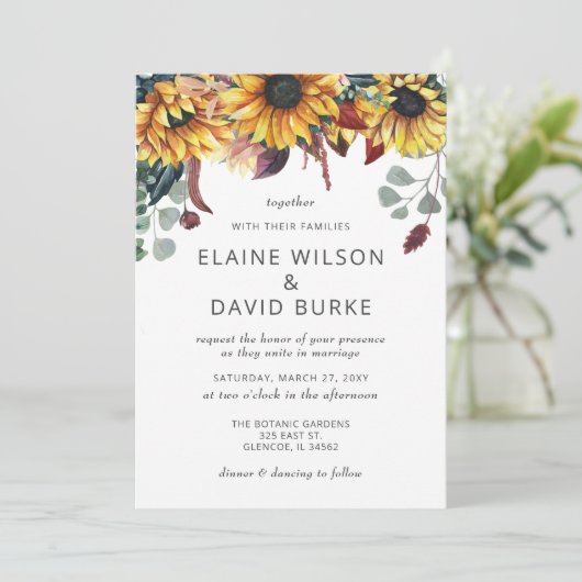 水素朴色バーガンディーサンフラワーズ秋の結婚式 招待状 (スタンド正面)