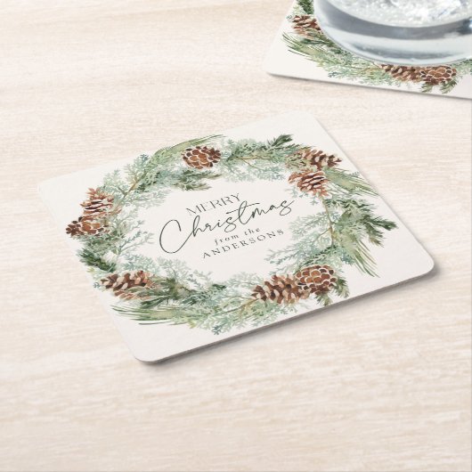 水素朴色パインコーンリースメリークリスマス スクエアペーパーコースター (アングル)