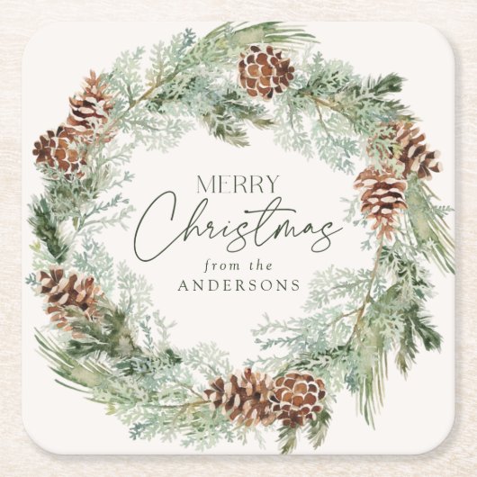 水素朴色パインコーンリースメリークリスマス スクエアペーパーコースター (正面)