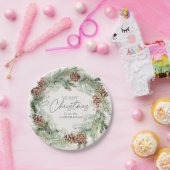 水素朴色パインコーンリースメリークリスマス ペーパープレート (パーティー)