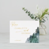 水素朴色パインツリーズウィンターRSVP 箔招待状ポストカード (立ち正面)