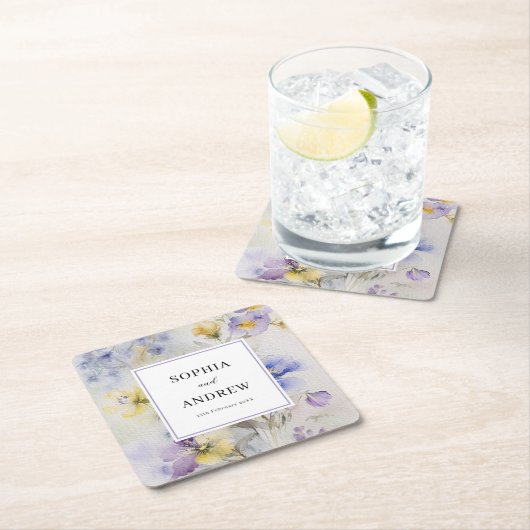 水素朴色パープル&イエローフラワー結婚ズ スクエアペーパーコースター (インサイチュ)