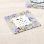 水素朴色パープル&イエローフラワー結婚ズ スクエアペーパーコースター (アングル)