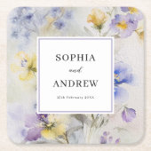 水素朴色パープル&イエローフラワー結婚ズ スクエアペーパーコースター (正面)