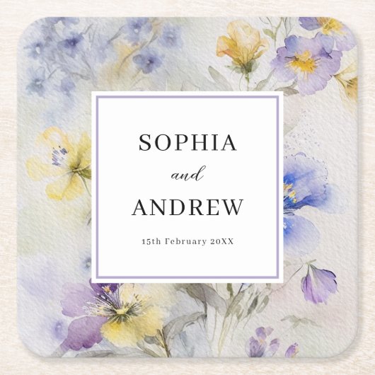 水素朴色パープル&イエローフラワー結婚ズ スクエアペーパーコースター (正面)