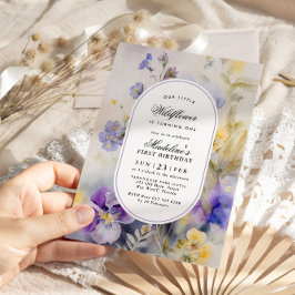 水素朴色パープル&イエロー1歳の誕生日 招待状