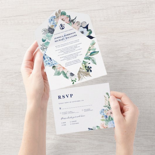 水素朴色ビーチ航海のフローラいかり オールインワン招待状 (貼ってはがせる)