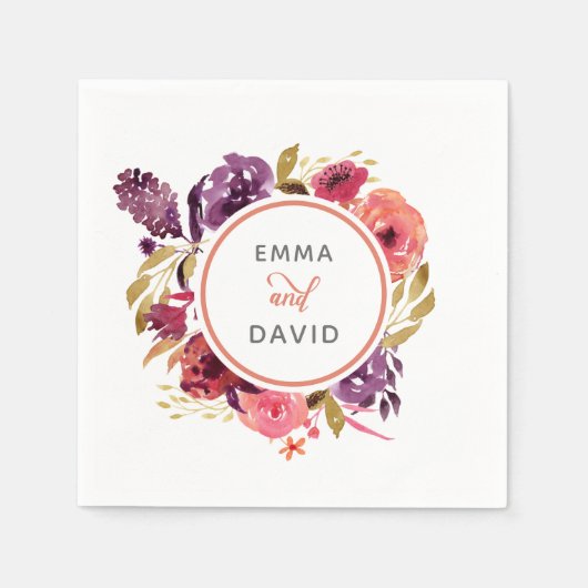 水素朴色ピンクと紫のフローラ結婚 スタンダードカクテルナプキン (正面)