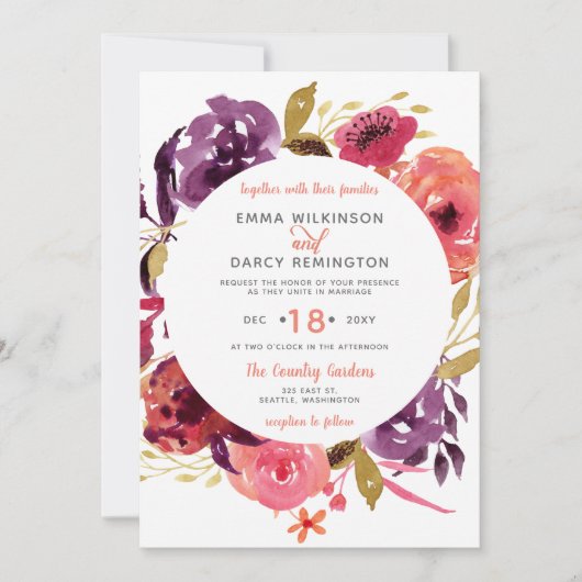 水素朴色ピンクと紫のフローラ結婚 招待状 (正面)