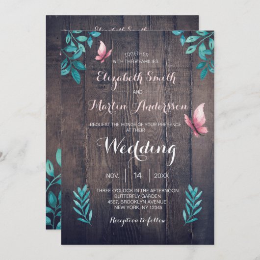 水素朴色ピンクの蝶フローラ結婚 招待状 (正面/裏面)