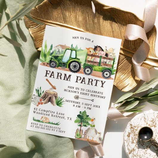 水素朴色ファーム動物子供の誕生日 招待状
