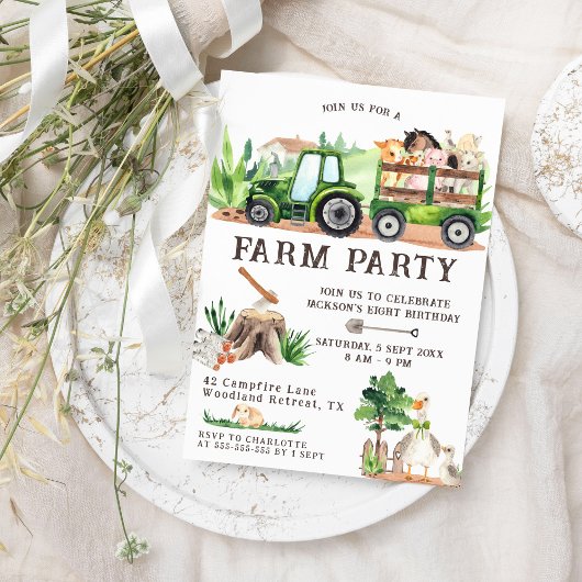 水素朴色ファーム動物子供の誕生日 招待状