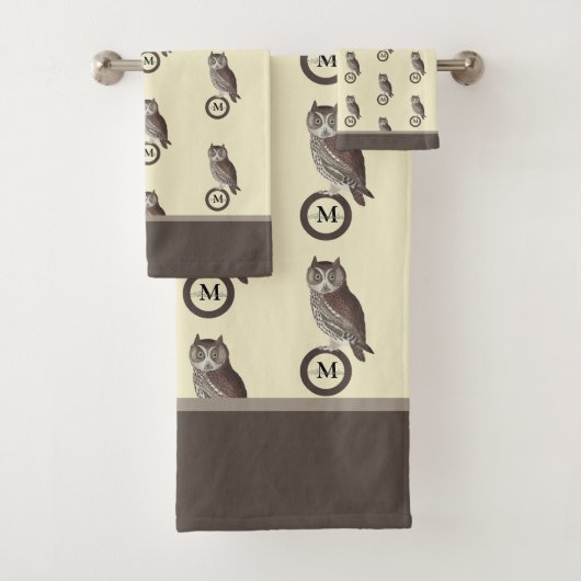 水素朴色フクロウモノグラム名アイボリークリーム バスタオルセット (インサイチュ)