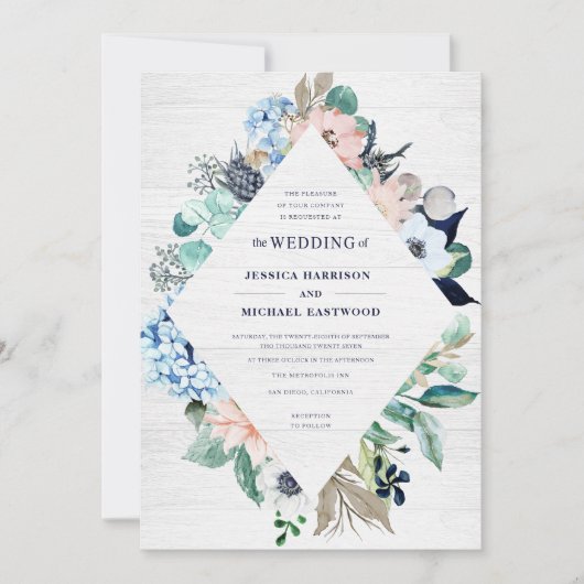 水素朴色フローラウッドネイビーサマー結婚ズ 招待状 (正面)