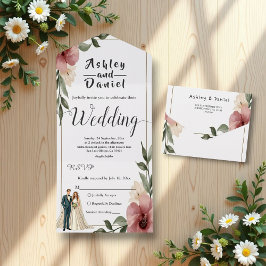 水素朴色フローラカップル夏結婚の オールインワン招待状