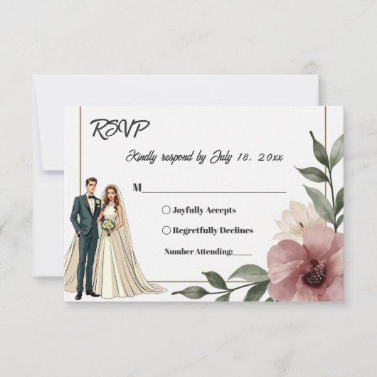 水素朴色フローラカップル夏結婚の 出欠カード (正面)