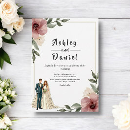 水素朴色フローラカップル夏結婚の 招待状