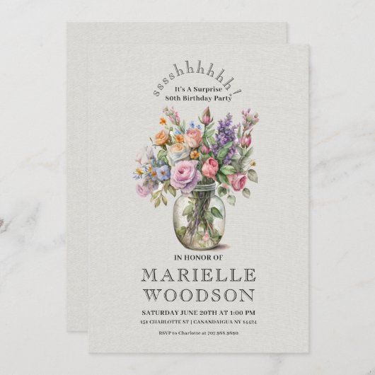 水素朴色フローラサプライズ80誕生日 招待状 (正面/裏面)