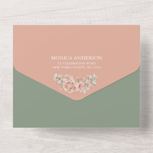 水素朴色フローラセージ緑赤面結婚ズ オールインワン招待状 (裏面)