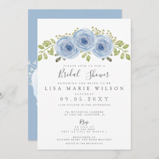水素朴色フローラダスティブルーブライダルシャワー 招待状 (正面/裏面)