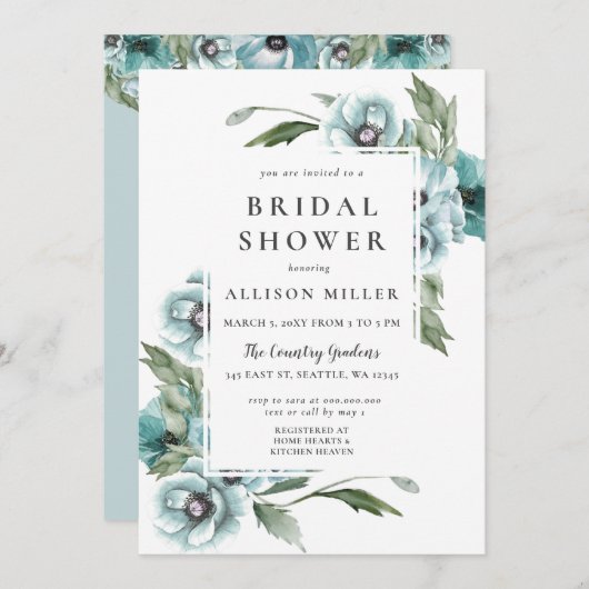 水素朴色フローラダスティブルーブライダルシャワー 招待状 (正面/裏面)
