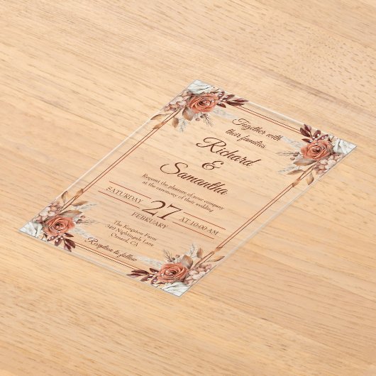 水素朴色フローラフレーム結婚Boho アクリル招待状 (レイダウン)