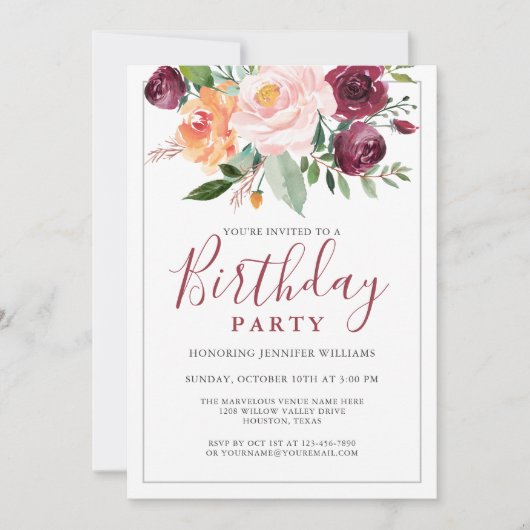 水素朴色フローラブーケ誕生日パーティー 招待状 (正面)