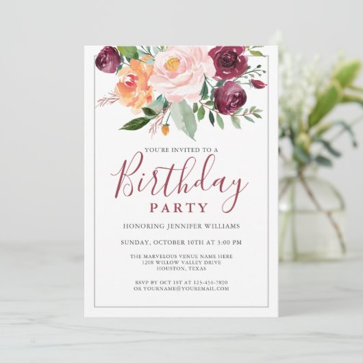 水素朴色フローラブーケ誕生日パーティー 招待状 (スタンド正面)