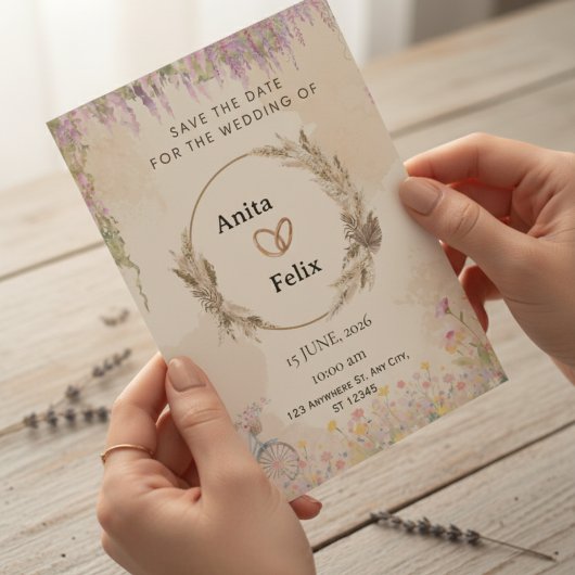 水素朴色フローラリース日付の保存 招待状