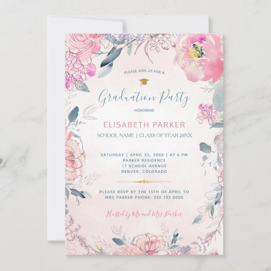 水素朴色フローラ写真卒業パーティー 招待状 (正面)
