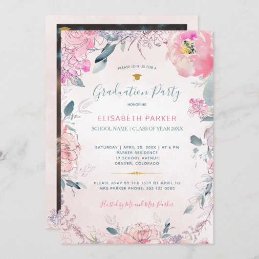 水素朴色フローラ写真卒業パーティー 招待状 (正面/裏面)