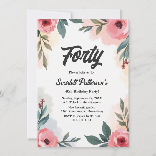 水素朴色フローラ夏40歳の誕生日 招待状 (正面)