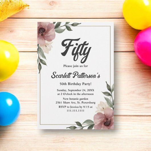 水素朴色フローラ夏50誕生日 招待状