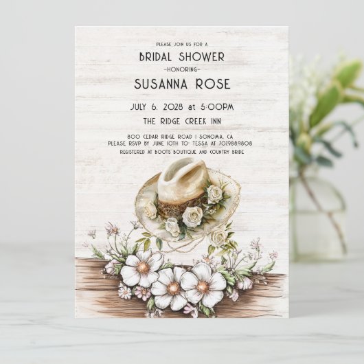 水素朴色フローラ女性のカーボーイハットブライダルシャワー 招待状 (スタンド正面)