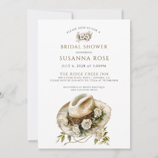 水素朴色フローラ女性のカーボーイハットブライダルシャワー 招待状 (正面)
