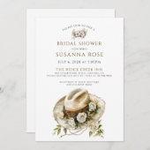 水素朴色フローラ女性のカーボーイハットブライダルシャワー 招待状 (正面/裏面)