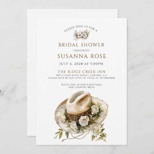 水素朴色フローラ女性のカーボーイハットブライダルシャワー 招待状 (正面/裏面)