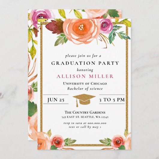 水素朴色フローラ植物卒業Inv 招待状 (正面/裏面)