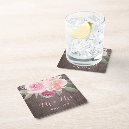 水素朴色フローラ結婚レースの夫妻 スクエアペーパーコースター (インサイチュ)