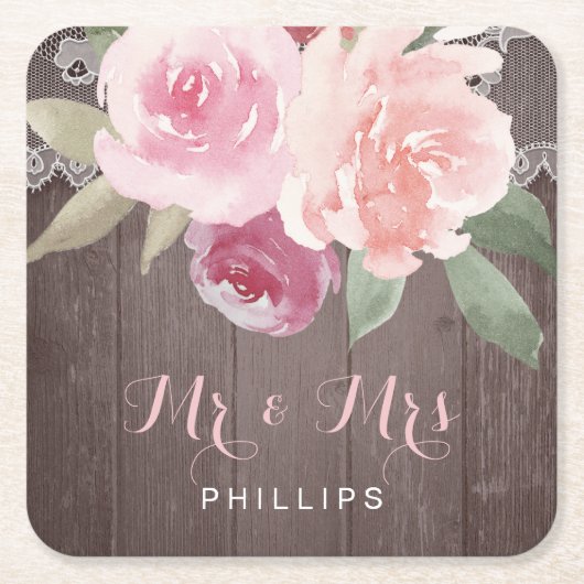 水素朴色フローラ結婚レースの夫妻 スクエアペーパーコースター (正面)