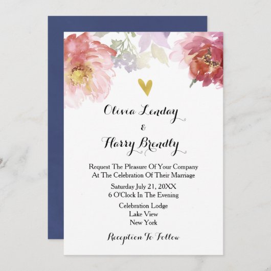 水素朴色フローラ結婚式招待状 |ネイビー 招待状 (正面/裏面)