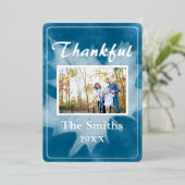 水素朴色ブルー秋写真サンクスギビング 箔シーズンカード (立ち正面)