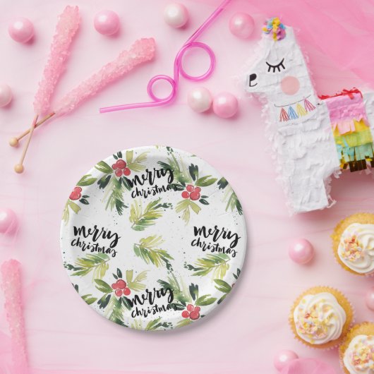 水素朴色ホリーパターンメリークリスマス ペーパープレート (パーティー)