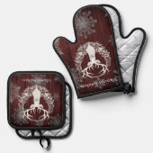 水素朴色ホワイトトナカイ | レッド 鍋つかみ&鍋敷きセット (正面/裏面)