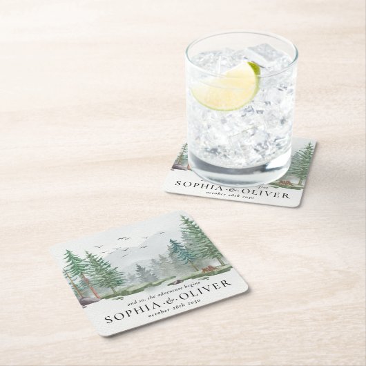 水素朴色マウンテングリーンパイン結婚ズ スクエアペーパーコースター (インサイチュ)