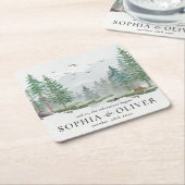 水素朴色マウンテングリーンパイン結婚ズ スクエアペーパーコースター (アングル)